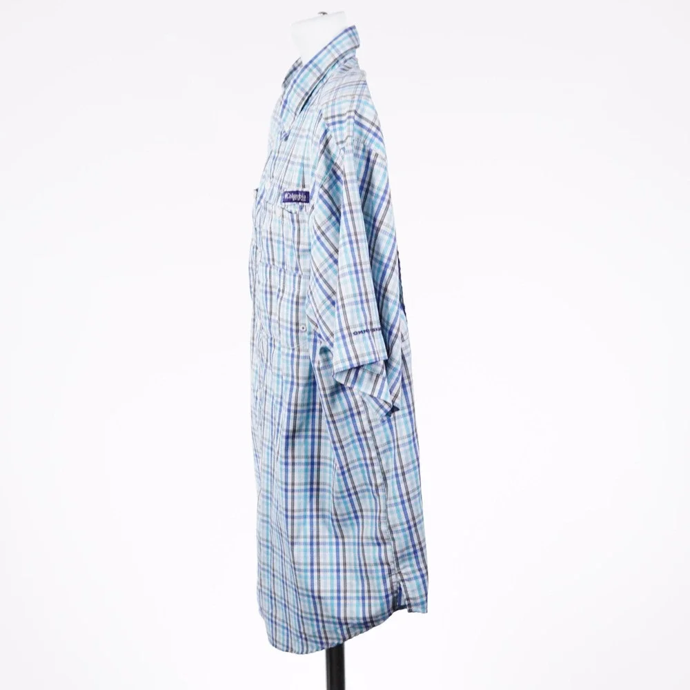 Columbia Super Tamiami Mens XL Blue White Plaid Vented Fishing Shirt Button Down